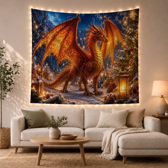 Golden Dragon with Wings Raised in Snowy Evergreen Forest, Mystical Fantasy for Fantasy Art Lovers, Winter Woodland Wall Art, Christmas Gift Tapestry Wall Hanging for Bedroom and Living Room