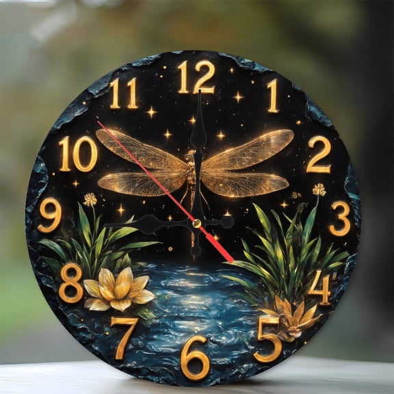 Golden Dragonfly Wall Clock Night Scene Decor Home Art 10-Inch Silent Wooden Wall Clock, Battery Operated (AA Batteries Not Included), Artistic Home Decor