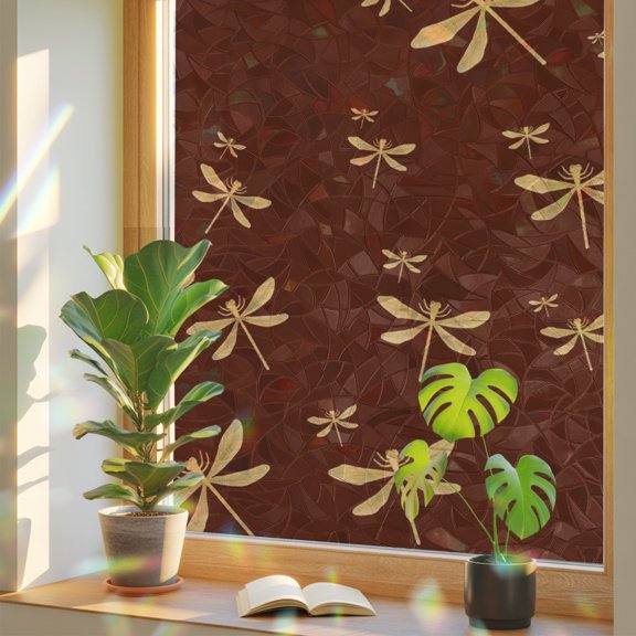 Golden Dragonfly Window Privacy Film, Minimalist Modern Dark Brown Background Static Cling Stained Glass Window Sticker Decorative Removable Rainbow Film for Glass 17.7”x39.3”