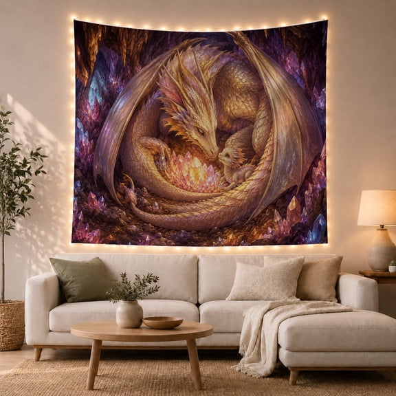 Golden Dragons in Crystal Cave, Mystical Fantasy Art for Fantasy Decor Lovers, Magical Realm Decor Birthday Gift Tapestry Wall Hanging for Bedroom, Living Room