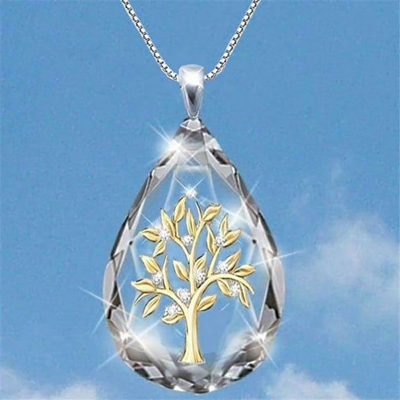 Golden Drop-shaped Crystal Tree of Life Necklace for Women - Alloy Religious Dolphin Pendant with 41cm+7cm Extend Chain, Fashion Jewelry for Work, Vacation & Party