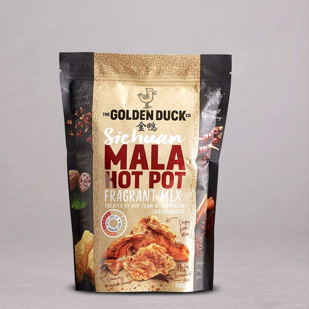 The Golden Duck Gourmet Snacks 2-Pack: Salted Egg Fish Skin & Sichuan Mala Hot Pot Mix | Crunchy, Spicy Asian Snacks