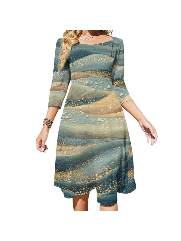 Golden Dust on Wavy Fabric Womens Summer Dress Tie Back A Line Flare Dress