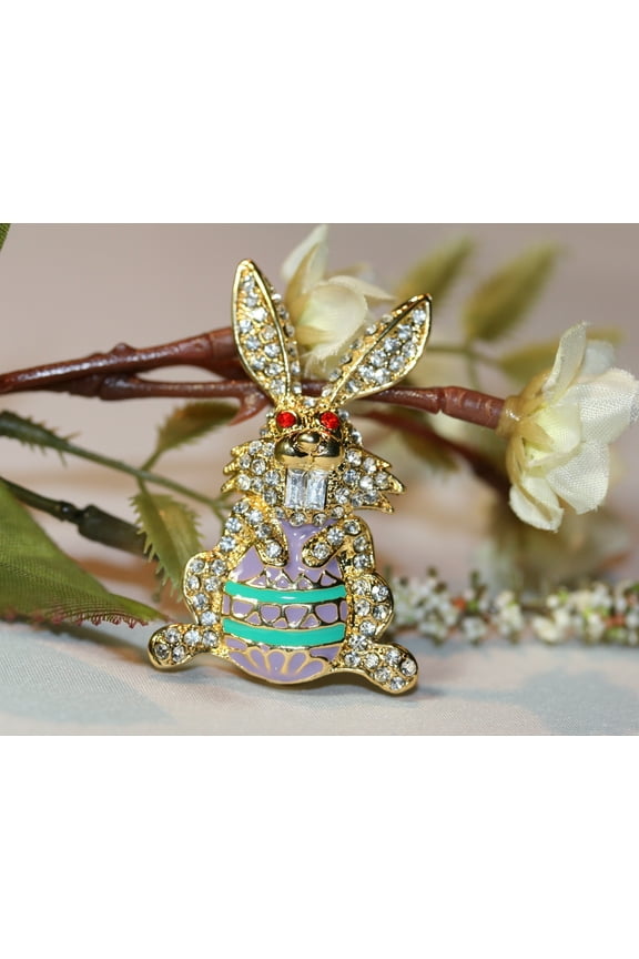 Golden Easter Bunny Crystal Brooch Pin Easter Bunny holds Easter Egg Brooch Rhinestone Bunny Pin
