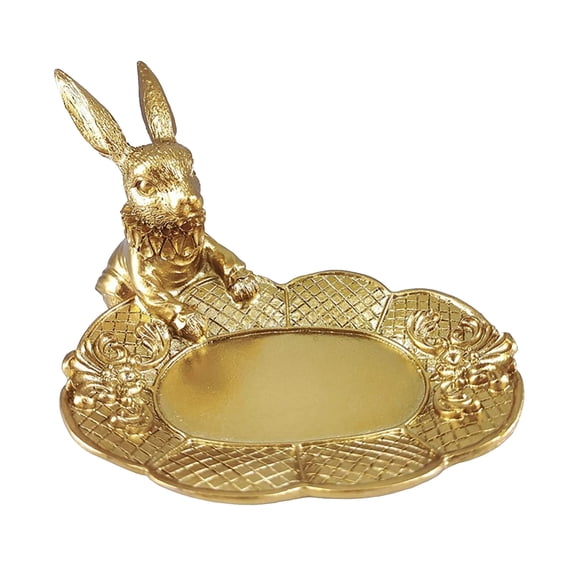 Golden Easter Bunny Figurine, Jewelry Ring Tray Trinket Holder, Decorative Serving Tray, Small Rabbit Statue, Cute Ornament, fort Home Arts Desktop Accessories Table Decor, Sitting Bunny