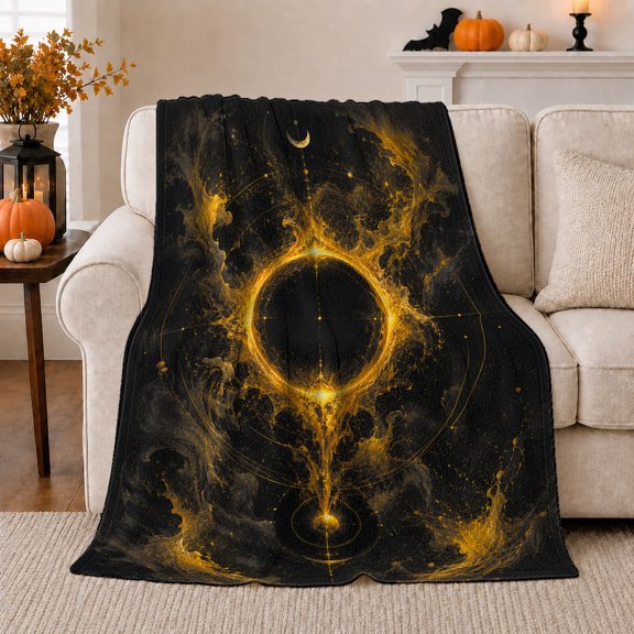 Golden Eclipse with Crescent Moon, Mystical Celestial Style for Space Art Lovers, Lunar Orbit Abstract Scene and Birthday Gift, Cozy Flannel Blanket for Bedroom and Reading Nook, Home Decor