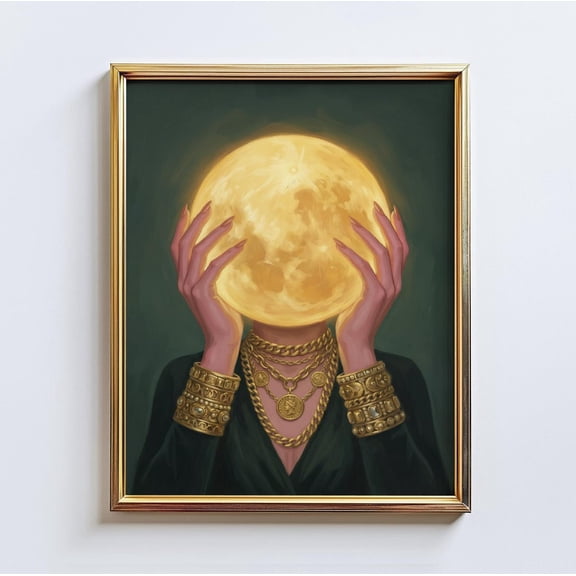 Golden Eclipse Moon Face Celestial Portrait Wall Art Home Decor