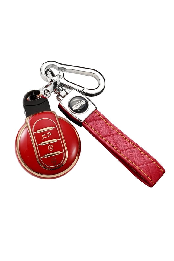 Golden-Edge 3 Button Key Fob Cover for Mini Cooper Countryman S ONE JCW F54 F55 F56 F57 F60 Clubman Keyless Full Protection Key Case Shell with Leather Keychain