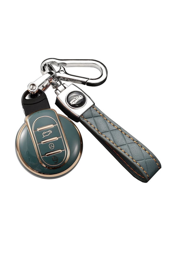 Golden-Edge 3 Button Key Fob Cover for Mini Cooper Countryman S ONE JCW F54 F55 F56 F57 F60 Clubman Keyless Full Protection Key Case Shell with Leather Keychain