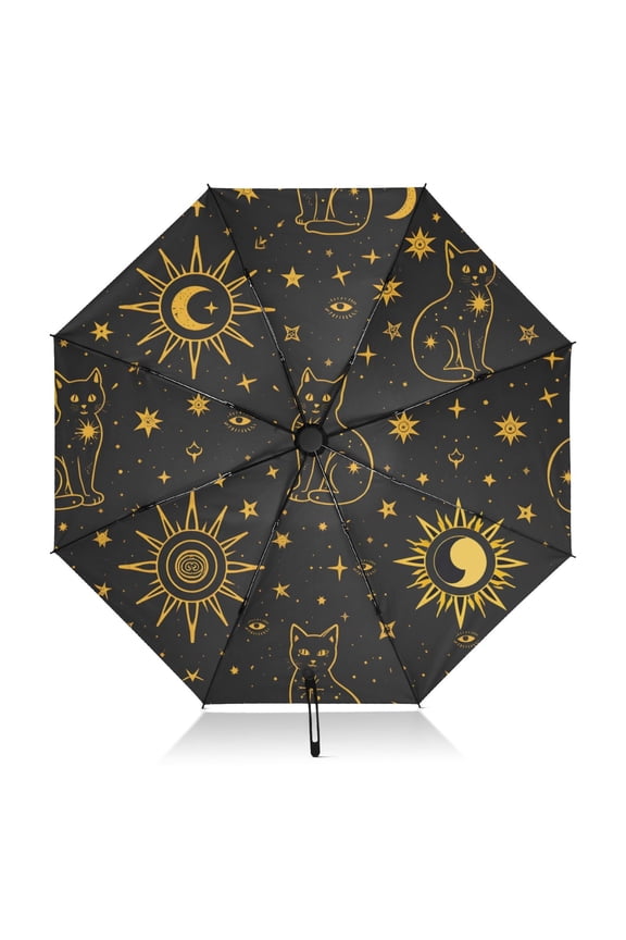 Golden Edged Cat Pattern Umbrella Folding Sun Umbrella Travel Auto Open Close Large UV50+ 40in