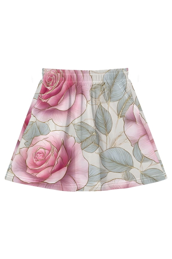 Golden Edged Rose Pattern Cotton Skirt Built-in Liner Elastic A-Line Flared Skirt with Pockets