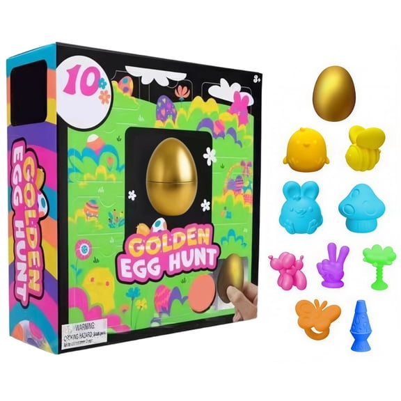 Golden Egg Hunt Mystery Box - 10 Spring Surprise Squishies Figures with Hidden Doors, Stretchy and Dough-Filled Mini Fidget Toys for Easter (1 Pack Mystery Box)