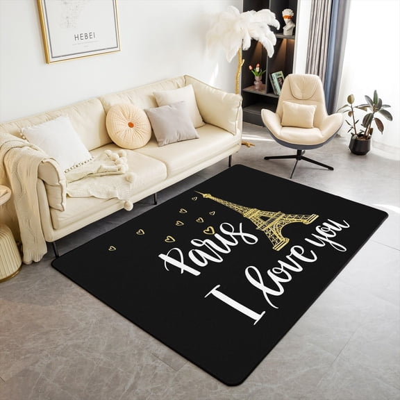 Golden Eiffel Tower Area Rug Watercolor Cartoon Lovely Hearts Decor Non Slip Rug for Kids Girls Teens Romantic Style Modern Simple Indoor Floor Mat for Bedroom Bedside Sofa 100cm X 150cm X 1cm