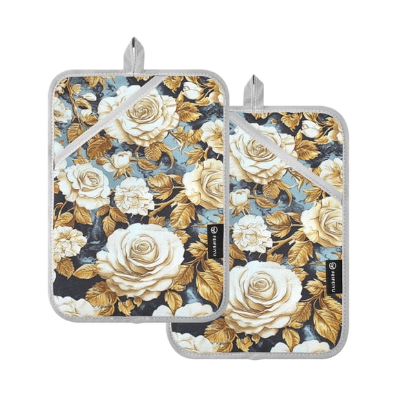 Golden Elegant Flowers Oven Mitts Pot Holders 2 pcs Heat Resistant for Kitchen Baking Grilling