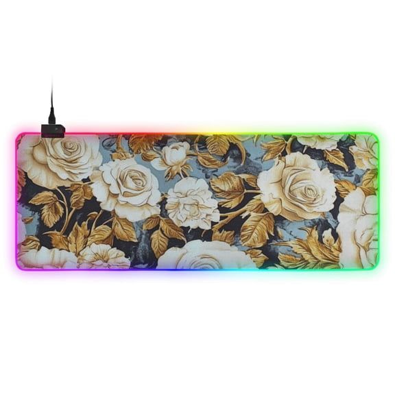 Golden Elegant Flowers RGB Gaming Mouse Pad Large Keyboard Mat Rubber Base 13 Light Modes