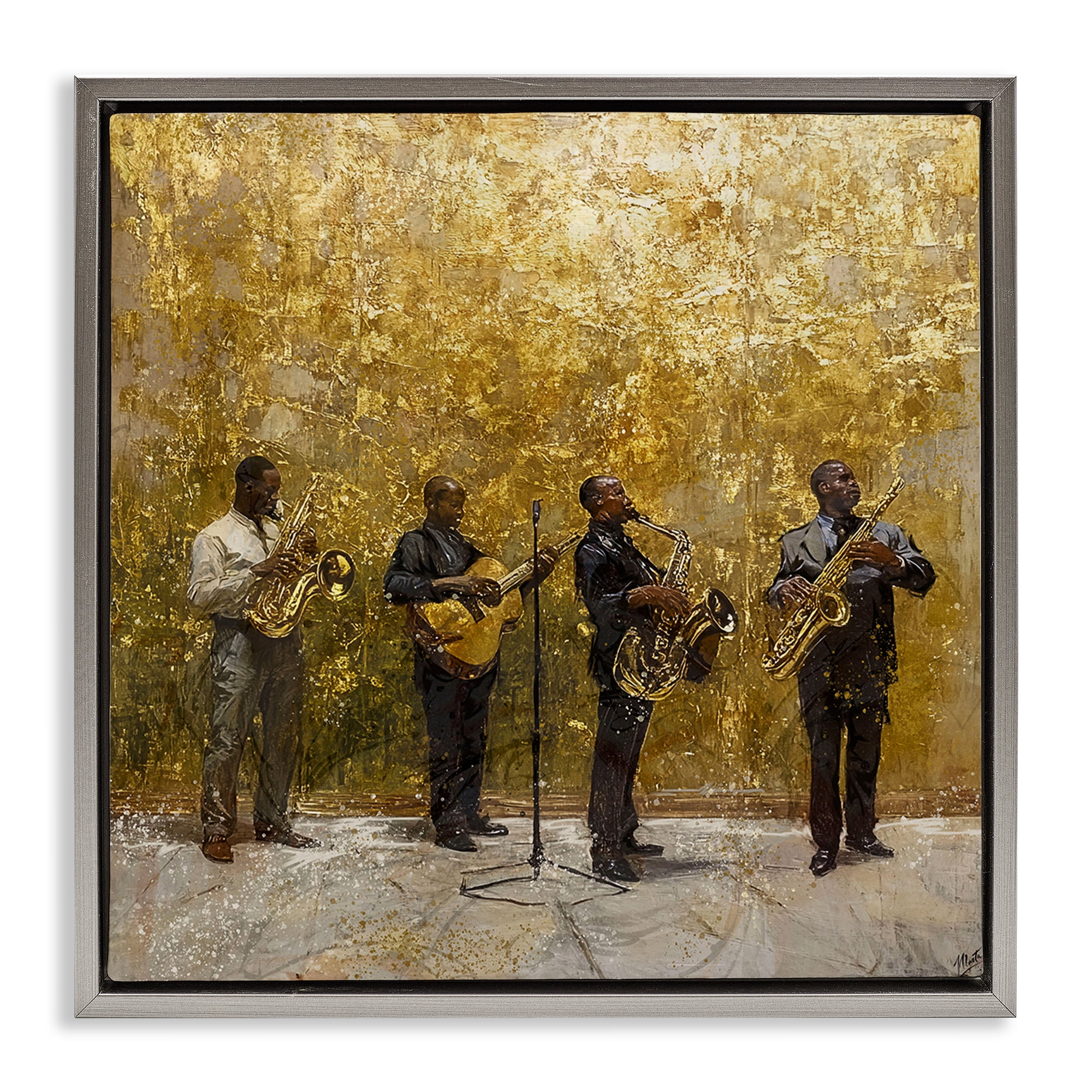 Golden Era Jazz Musicians Gray Framed Floater Canvas Wall Art, design by Marta Wiley