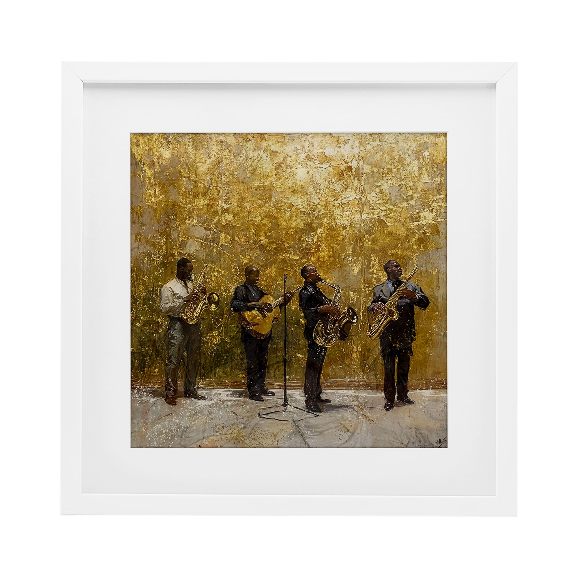 Golden Era Jazz Musicians White Framed Print Under Glass, design by Marta Wiley