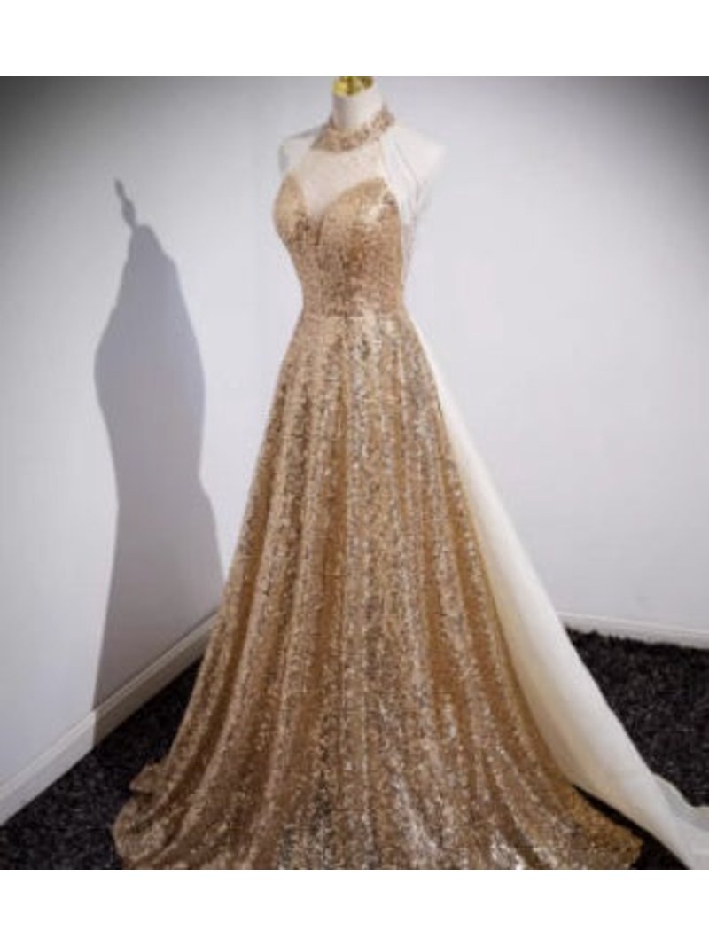 golden colour dress for women Gilded Feather Sequin Evening Gown Gold / 10 main image 0