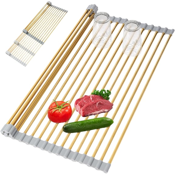 Golden Expandable Roll-UP Dish Drying Rack-Large 304 Stainless Steel Dish Drainer Over The Sink for Kitchen Countertop,Extendable & Rollable & Food Grade (Gold,22.08'x 13.2')