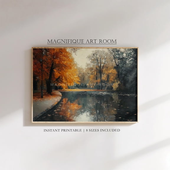 Golden Fall City Park Poster Wall Art Vintage Autumn Landscape Poster , Rustic Living Room Decor Cozy Tree and Lake F16, Size 8x12 UNFFRAMED F03.1.7l2378