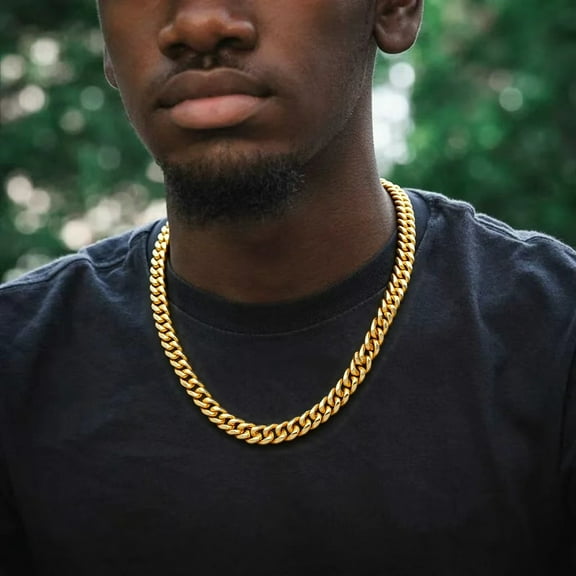 Golden Fashion Handsome Cuban Chain Necklace Stainless Steel Jewelry Buckle Round Grinding Chain Men's Thick and Powerful Clothing Accessories