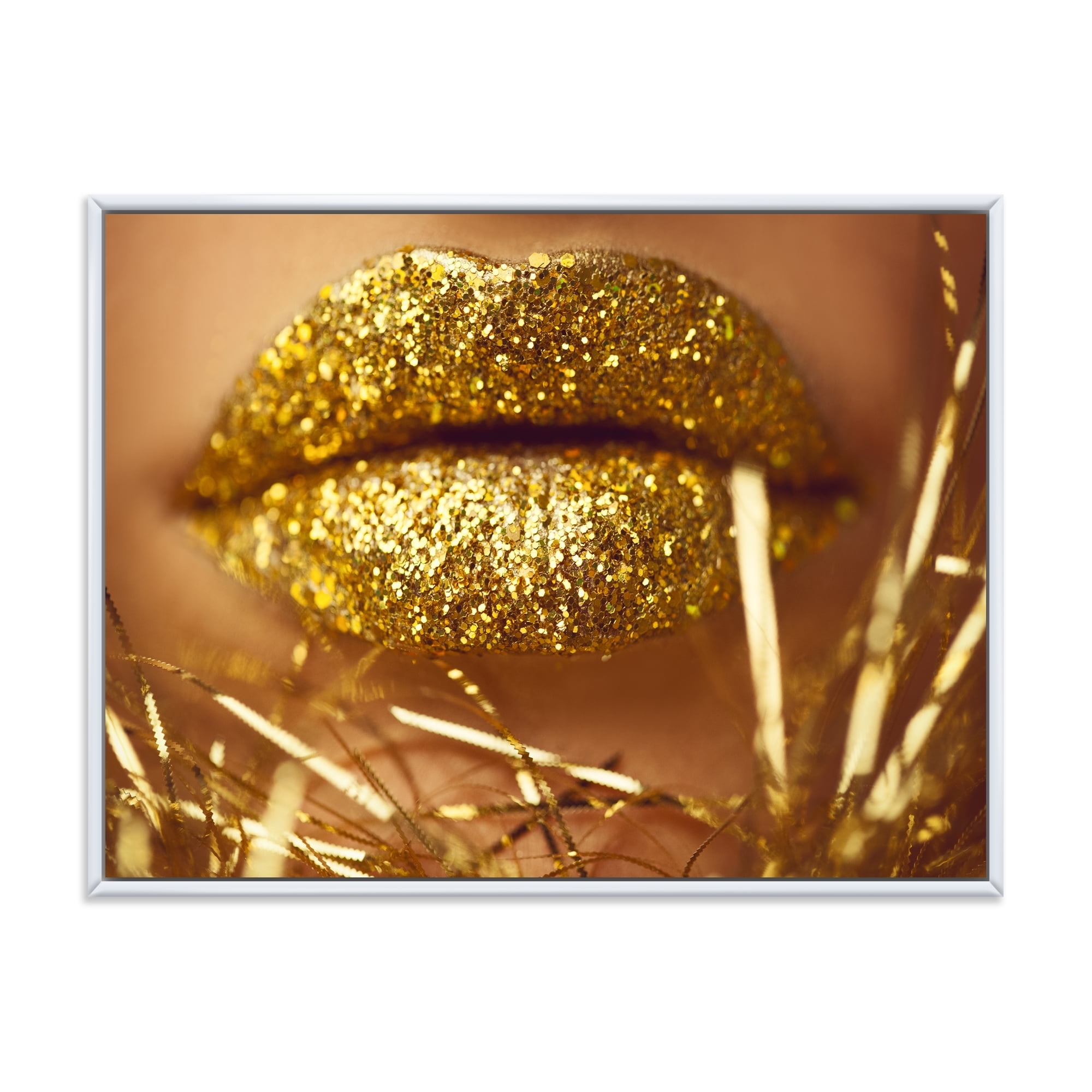 Golden Female Lips 32 in x 24 in Framed Photography Canvas Art Print, by Designart