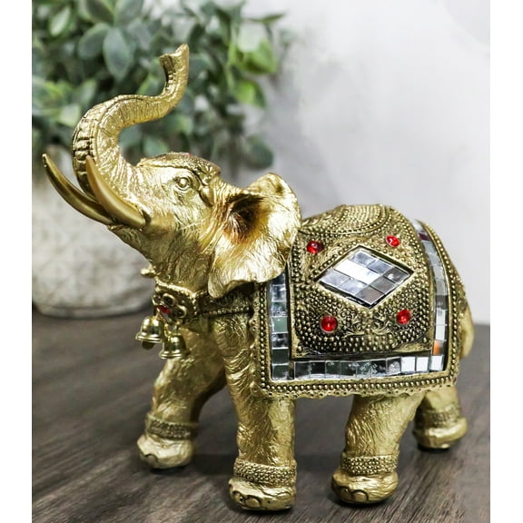 Golden Feng Shui Trunk Up Elephant With Gemstones Bullhook Tapestry Figurine