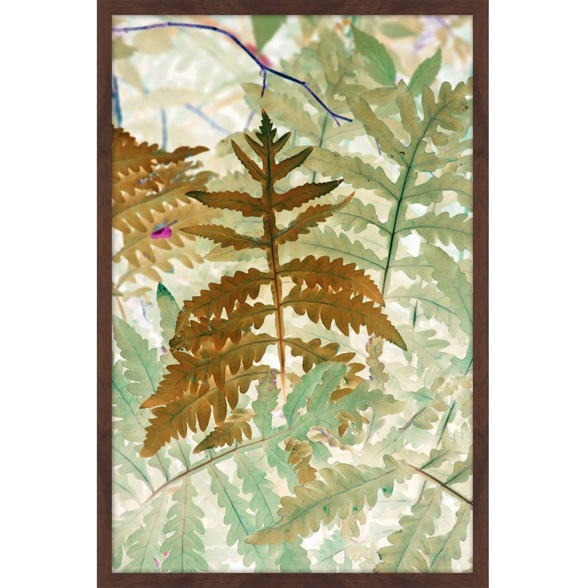 Golden Fern Botanical Canvas Print with Dark Wood Frame