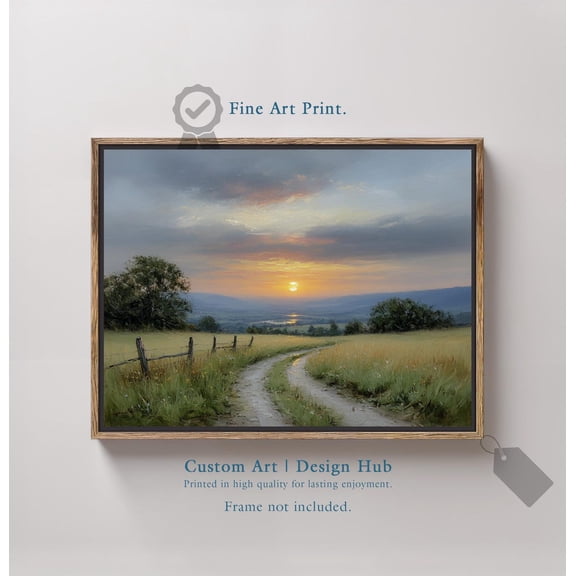 Golden Field Sunset Wall Art Print, Impressionist Countryside And Rustic Decor