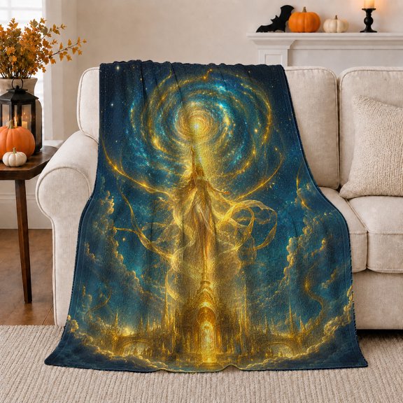 Golden Figure and Galaxy City Skyline, Dramatic Celestial Style for Cosmic Fantasy Fans, Cozy Flannel Blanket for Bedroom and Reading Nook, Birthday Gift, Mystic Home Decor