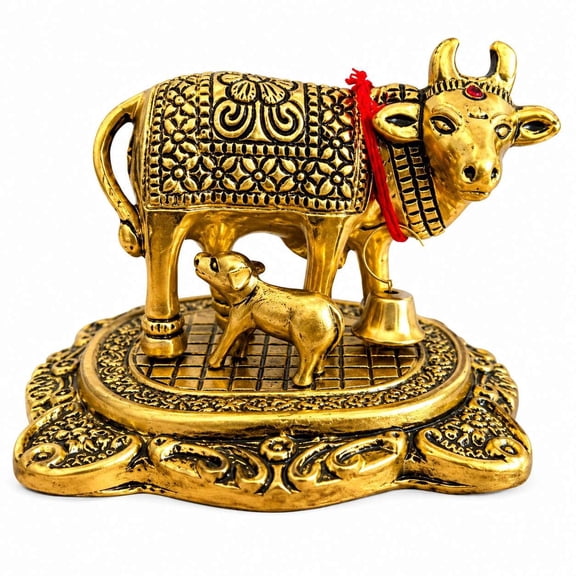 Golden Finish Cow & Calf Decorative Figurine with Ornate Base | Premium Metal Look Tabletop Accent Showpiece