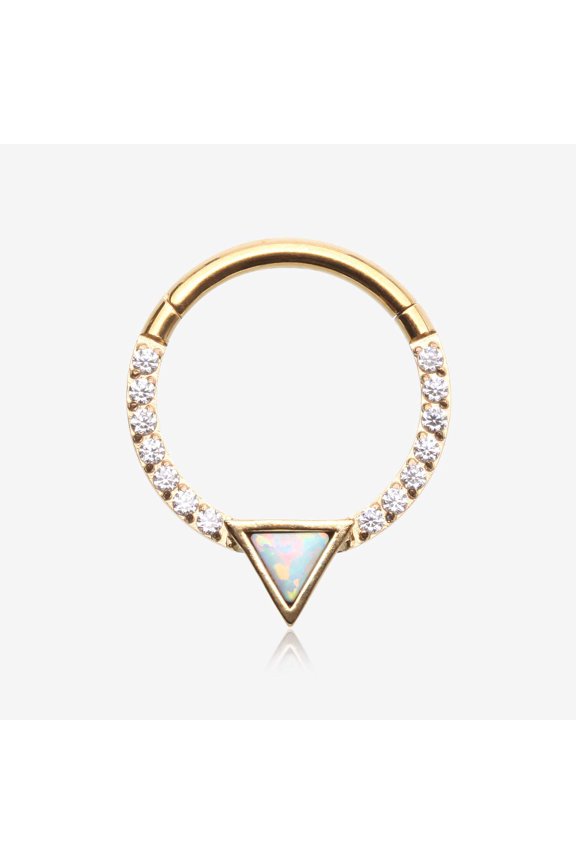 Golden Fire Opal Triangle Multi-Gem Sparkle Rim Seamless Clicker Hoop Ring