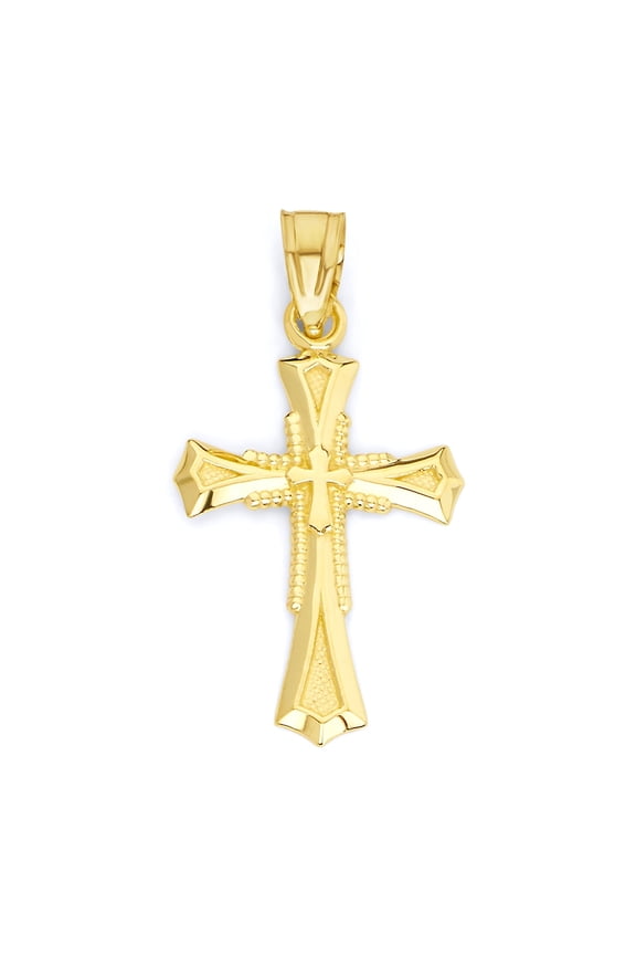 Golden Fire Solid 10k Gold Cross Pendant - Religious Jewelry First Communion Gift for Women