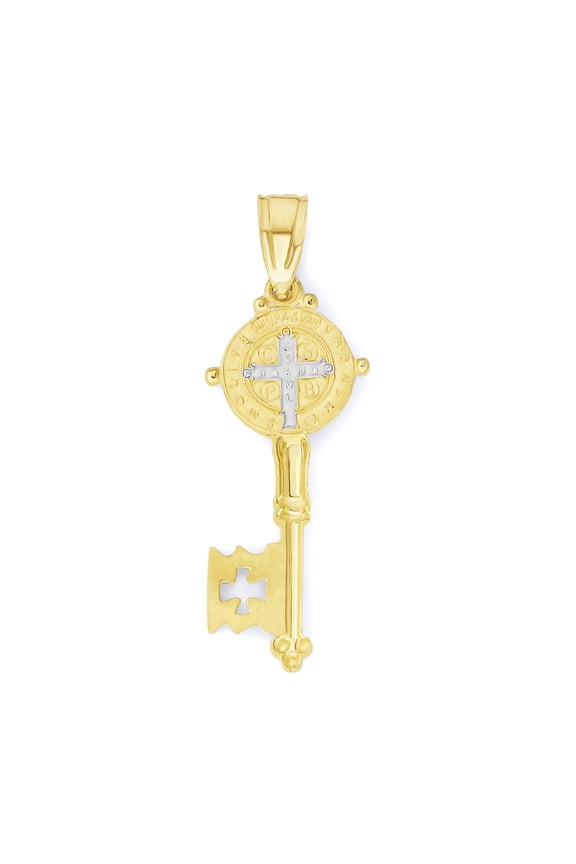 Golden Fire Solid 10k Gold Saint Benedict Key Pendant - Religious Jewelry Gifts for Women