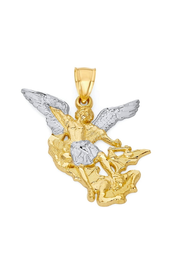 Golden Fire Solid 10k Gold Two Tone Saint Michael Pendant - Protection Jewelry Gifts for Men and Women