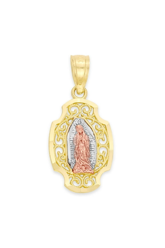 Golden Fire Solid 10k Tri Color Gold Our Lady of Guadalupe Pendant - Catholic Gifts for Women