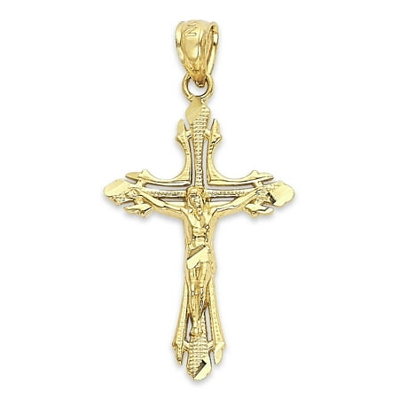 Golden Fire Solid 14k Gold Intricate Crucifix Pendant - Christian Jewelry for Women and Men