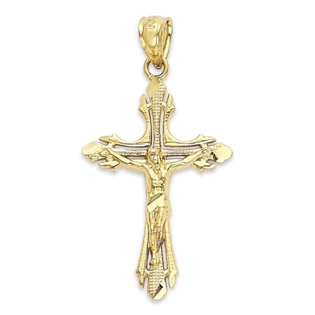 Golden Fire Solid 14k Gold Intricate Crucifix Pendant - Christian Jewelry for Women and Men