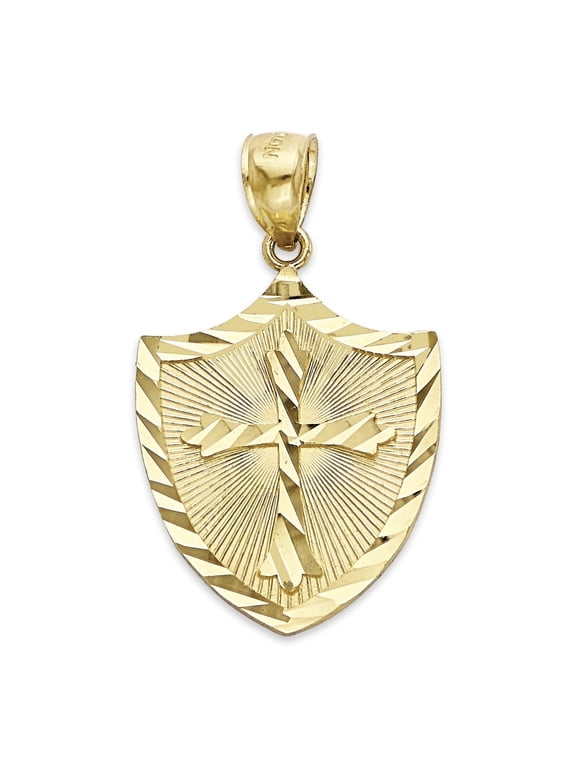 Solid 14k Gold Shield with a Cross Pendant - Catholic Jewelry Gifts for Men