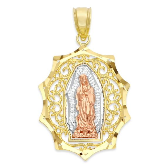 Golden Fire Solid 14k Tri Color Gold Our Lady of Guadalupe Pendant Necklace - Catholic Jewelry Gifts for Women