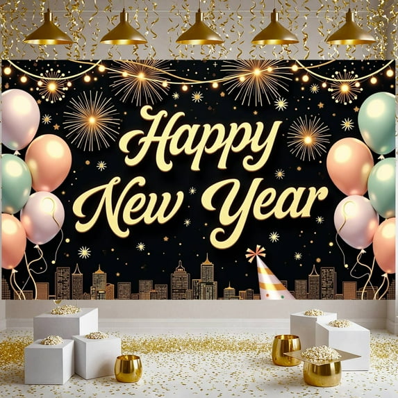 Golden Fireworks Happy New Year Banner Colorful Balloons Festive Backdrop City Skyline Gold Stars Celebration Background for New Year Party NYE Celebration Indoor Decoration