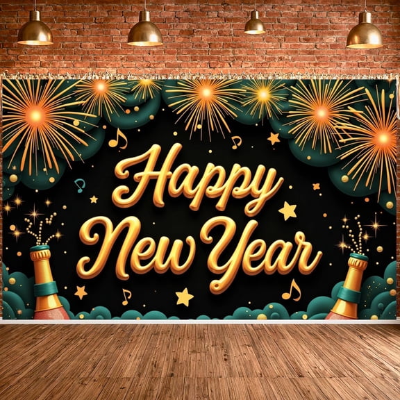 Golden Fireworks Happy New Year Banner Green Clouds New Year Party Banner Music Notes Starry Design Celebration Banner for New Year Party Home Celebration Indoor Decoration