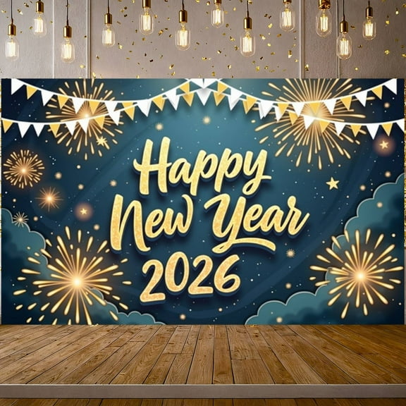Golden Fireworks Happy New Year Banner Star Decorations Festive Backdrop Pennant Banners Dark Blue Background Holiday Background for New Year Party Home Gathering Photo Shoot