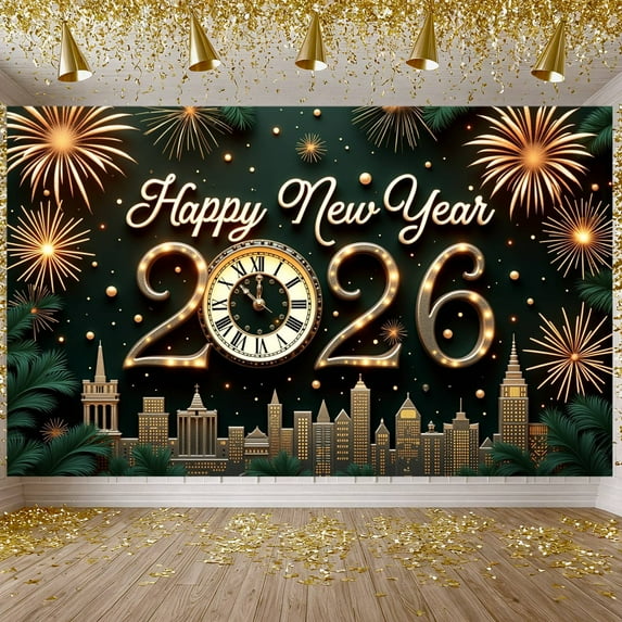 Golden Fireworks Happy New Year Banner Vintage Clock 2026 New Year Display City Gold Accent New Year Eve Backdrop for New Year Party Eve Celebration Home Decoration