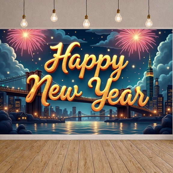 Golden Fireworks New Year Banner Night Sky City  Backdrop for New Year Party Holiday Celebration Indoor Outdoor