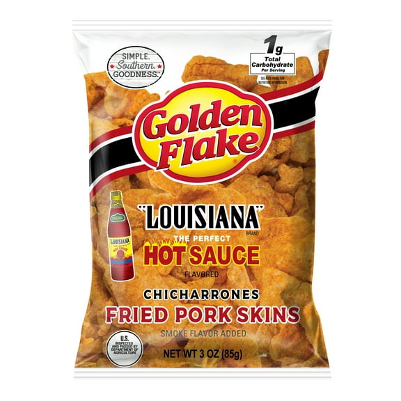 Golden Flake Louisiana Hot Sauce Fried Pork Skins, 3 oz Bag