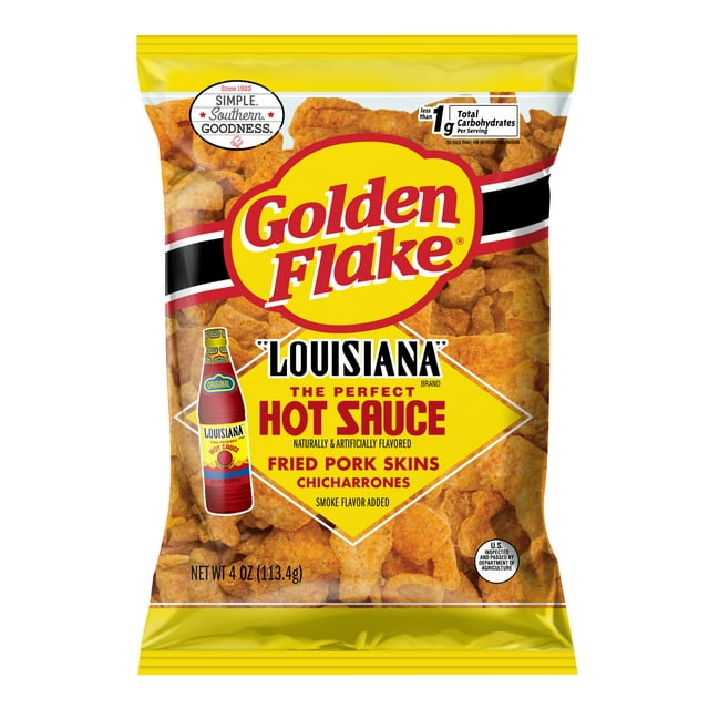 Golden Flake Louisiana Hot Sauce Fried Pork Skins, 4 oz Bag