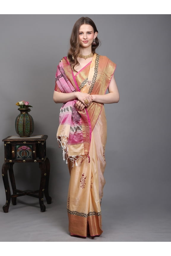 Golden-Fleece Floral Leaf Printed Maheshwari Silk Saree with Zari Woven Chevron Border from Madhya Pradesh