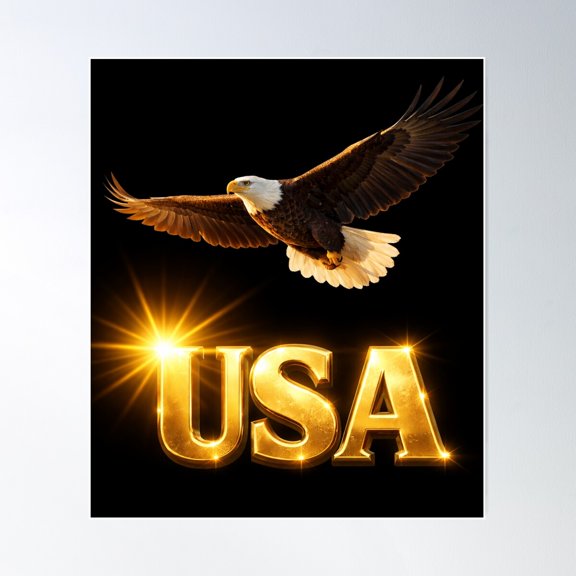 Golden Flight USA Bald Majestic Bird Soaring Skies Art, Unframed Poster
