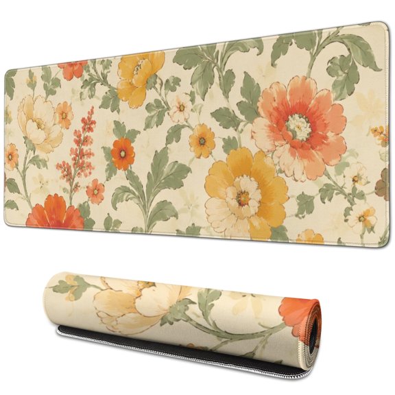 Golden Floral Art Print Large Mouse Pad, Keyboard & Mouse Desk Mat for Home Office, Laptop Work, Gaming & Desktop Decor, 31.5 x 11.8 in